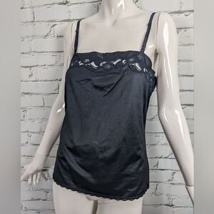Vintage Lingerie, black lace camisole, nylon lingerie, straight neckline SZM